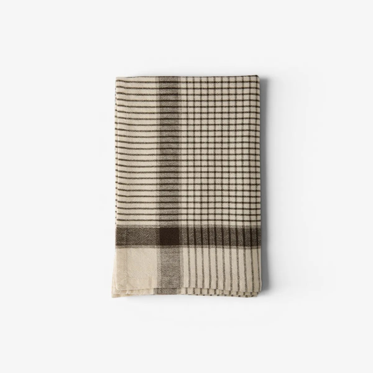 French Country Utility Check Teatowel at Cerise.  Cotton Linen Teatowel in warm tones of brown and Ivory.  Has a hanging loop.
