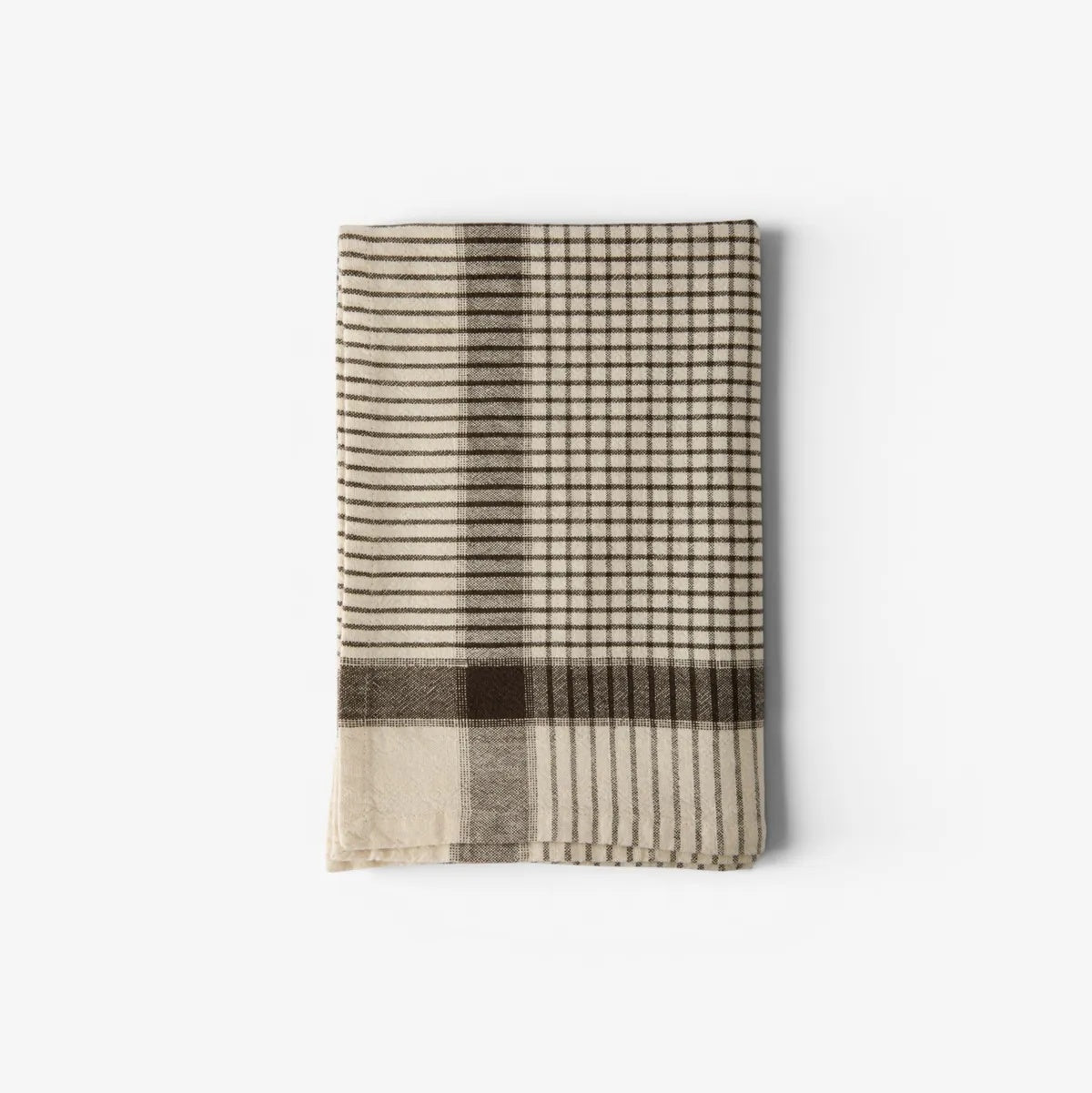French Country Utility Check Teatowel at Cerise.  Cotton Linen Teatowel in warm tones of brown and Ivory.  Has a hanging loop.