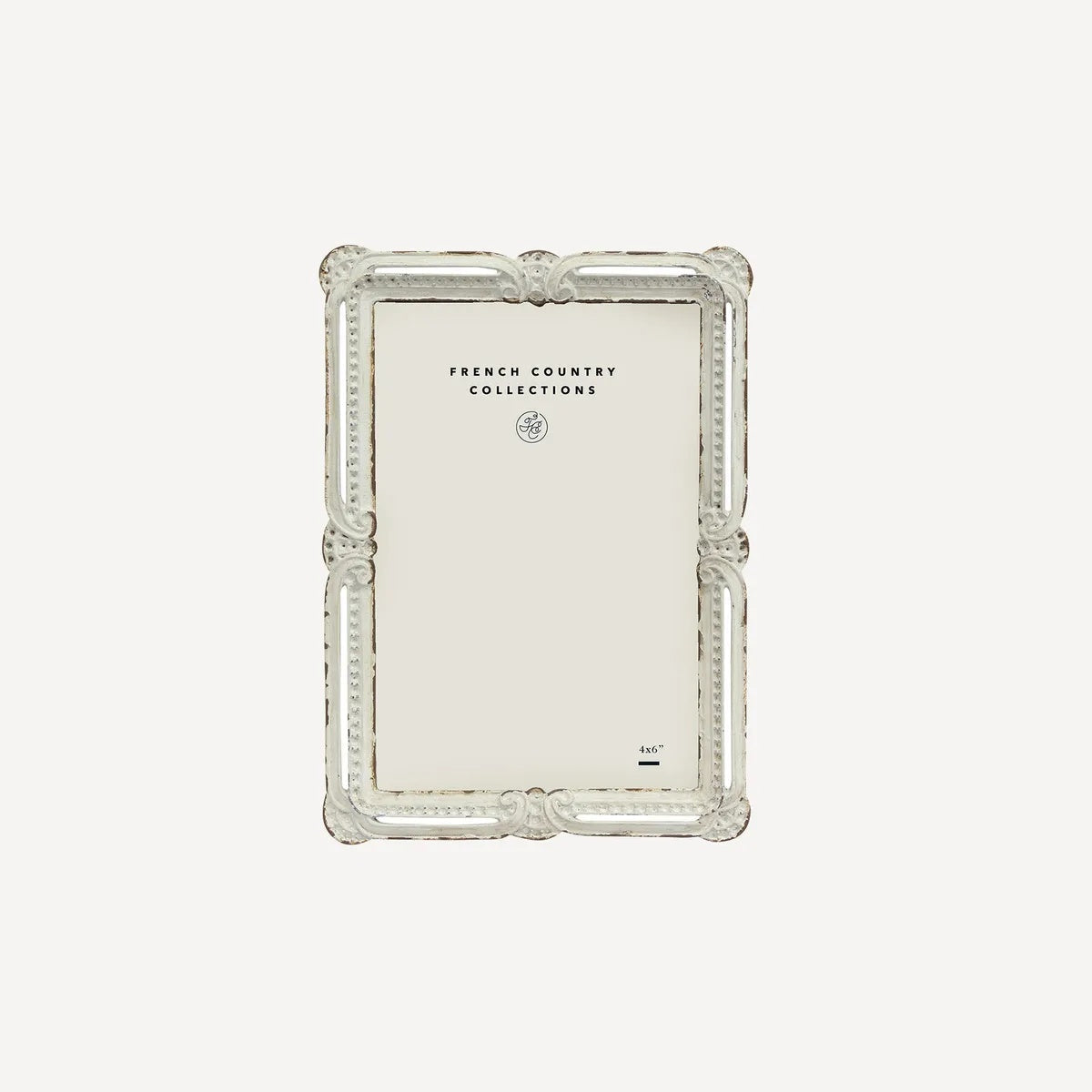 French Country Brocante white metal vintage style photo frame at Cerise.  Holds a 4 x 6 inch picture.