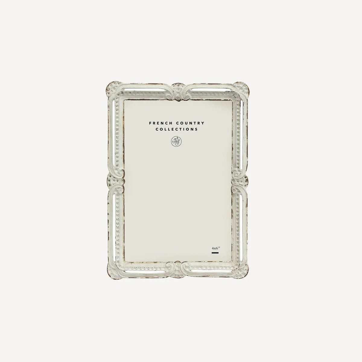French Country Brocante white metal vintage style photo frame at Cerise.  Holds a 4 x 6 inch picture.