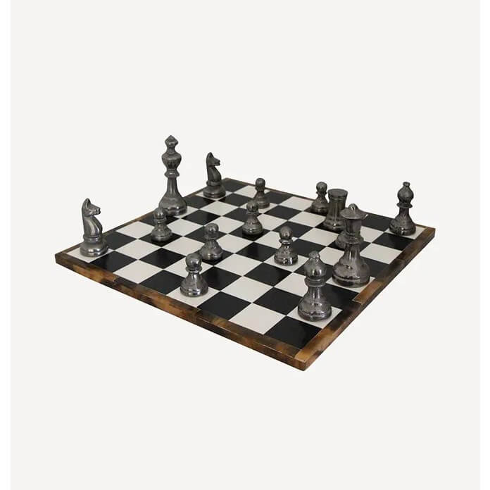 French Country Chess set at Cerise.  Wooden board with resin inlay and with alluminium chess pieces.