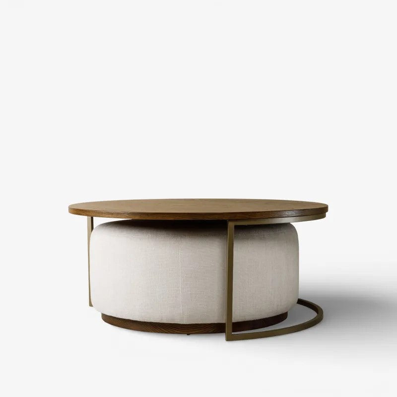 French Country collections round Edison Coffee Table with a  Ashwood  Wooden Top with gold Metal Legs and  a Cream fabric Ottoman which slides underneath Coffee Table at Cerise NZ