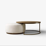 French Country collections round Edison Coffee Table in Ashwood Top with gold Metal Legs and Cream Ottoman which slides underneath Coffee Table at Cerise NZ