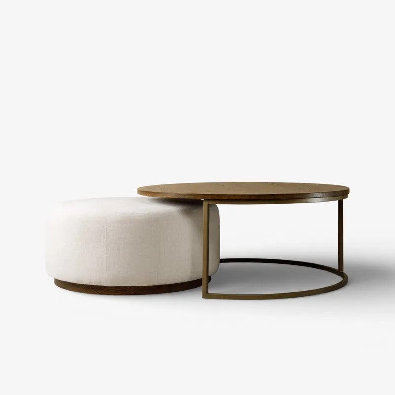 French Country collections round Edison Coffee Table in Ashwood Top with gold Metal Legs and Cream Ottoman which slides underneath Coffee Table at Cerise NZ