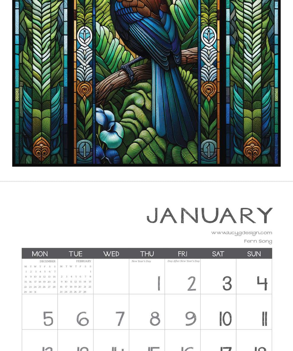 Calendar for January with a stained glass-style illustration of a bird and foliage.