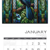 Calendar for January with a stained glass-style illustration of a bird and foliage.