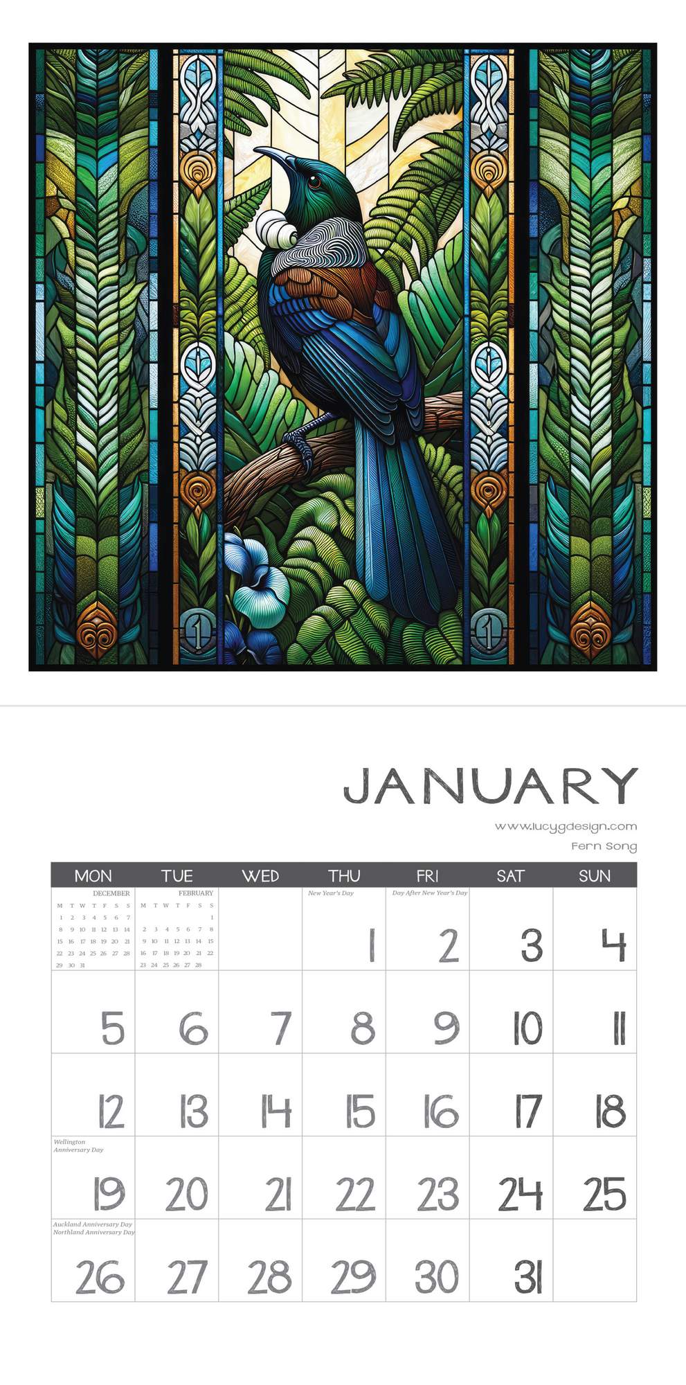 Calendar for January with a stained glass-style illustration of a bird and foliage.