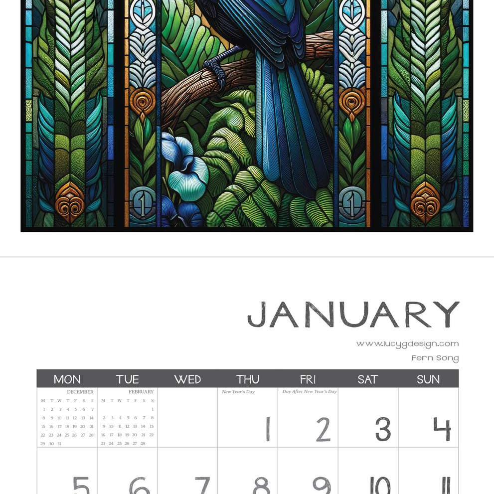 Calendar for January with a stained glass-style illustration of a bird and foliage.