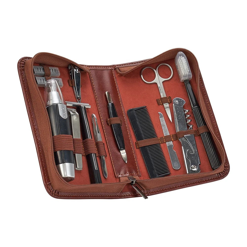 Gentlemans grooming  kit in brown vegan leather includes It includes a shaver, extra blades, hair trimmer*, 2 sizes of nail clippers, tweezers, scissors, nail file, cuticle pusher, comb, and toothbrush, in a zip up organiser.