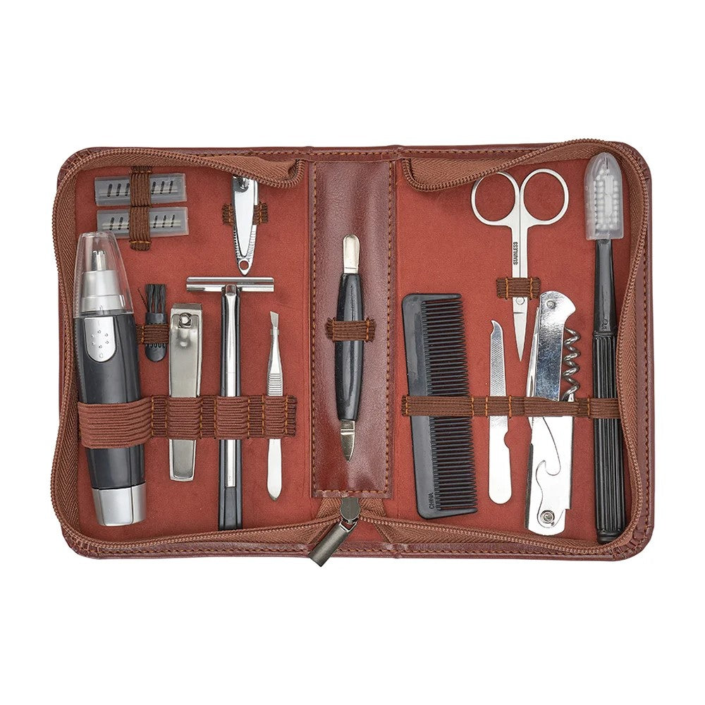 Gentlemans grooming  kit in brown vegan leather includes It includes a shaver, extra blades, hair trimmer*, 2 sizes of nail clippers, tweezers, scissors, nail file, cuticle pusher, comb, and toothbrush, in a zip up organiser.