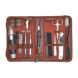Gentlemans grooming  kit in brown vegan leather includes It includes a shaver, extra blades, hair trimmer*, 2 sizes of nail clippers, tweezers, scissors, nail file, cuticle pusher, comb, and toothbrush, in a zip up organiser.