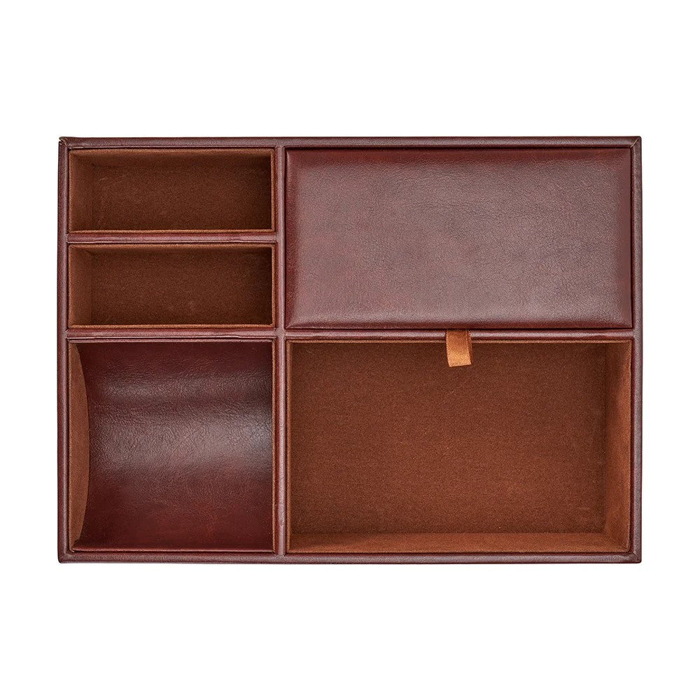 Practical nightstand tray for a gentlman for organising watches, glasses, oins and phones. Made of dark brown vegan leather.