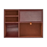 Practical nightstand tray for a gentlman for organising watches, glasses, oins and phones. Made of dark brown vegan leather.