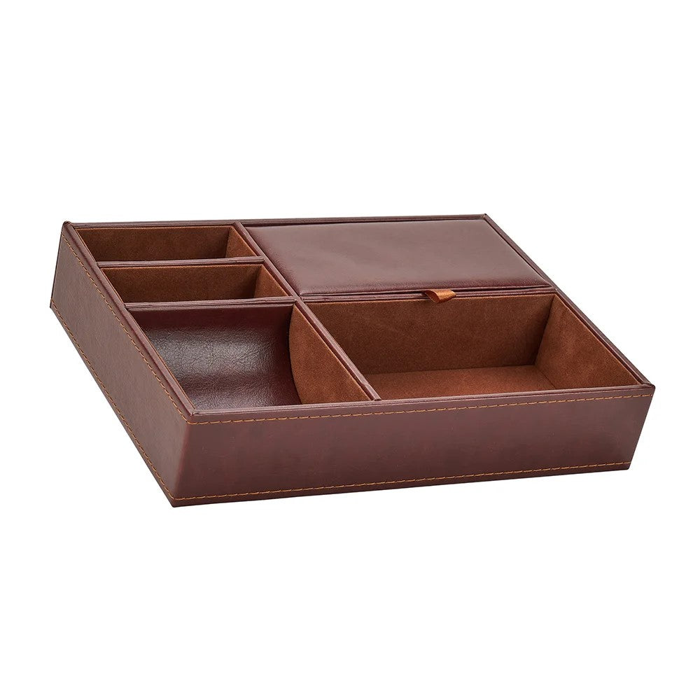 Practical nightstand tray for a gentlman for organising watches, glasses, oins and phones. Made of dark brown vegan leather.
