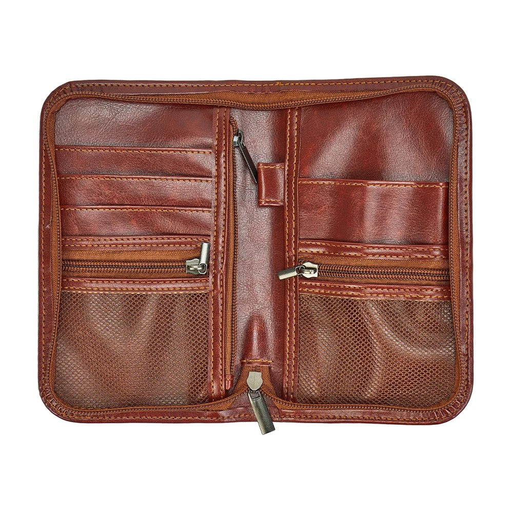 Gentlmans Travel wallet indark brown vegan leather with card pockets, zip pockets and passport space.