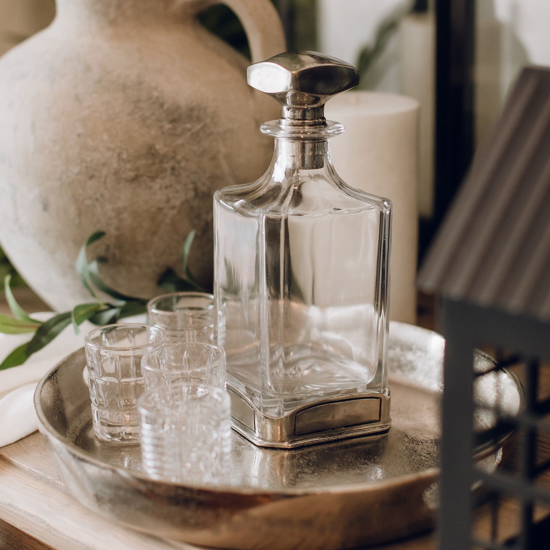 Glass and Pewter Whiskey Decanter