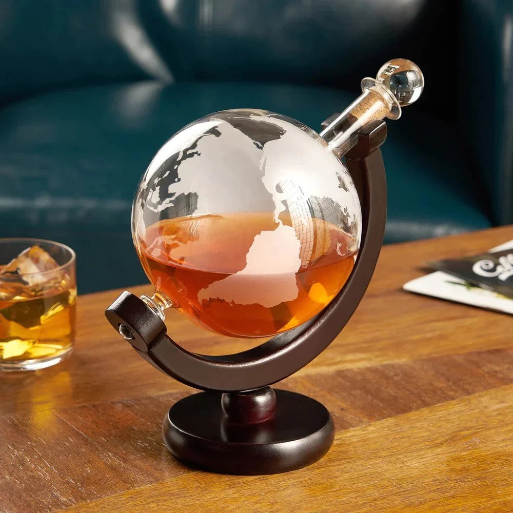 Crystal Globe liquor decanted in wooden stand
