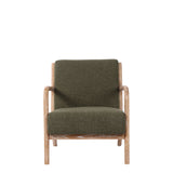 Front of view of Luca Occasional chair in dark green fabric with washed oak legs and arms