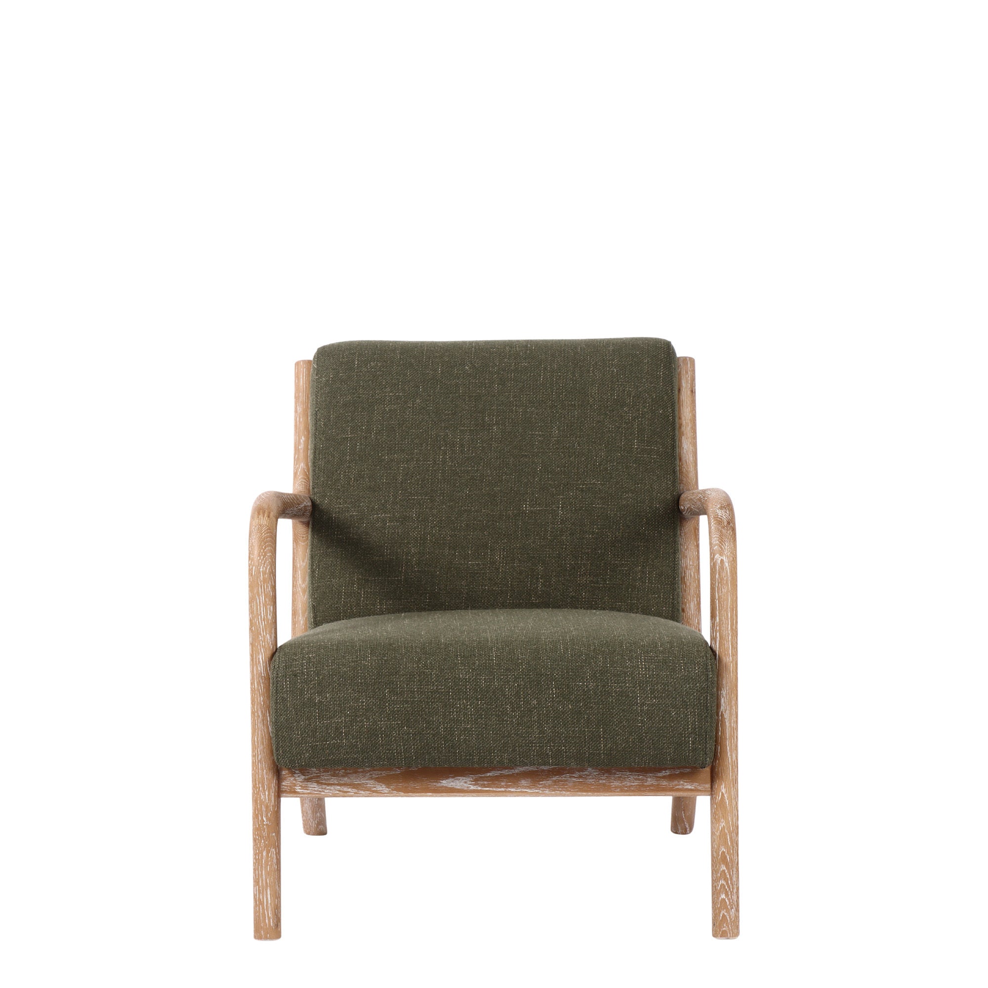 Front of view of Luca Occasional chair in dark green fabric with washed oak legs and arms