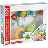 Hape Bumblebee Pram Chain for babies bassinet or pram.  Suitable for ages 0-5 months and features a hanging wooden bee, a textile sunflower, a leaf with a bell inside, wooden triangles, flowers, and colorful beads at Cerise