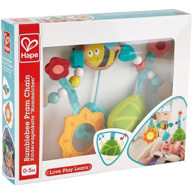 Hape Bumblebee Pram Chain for babies bassinet or pram.  Suitable for ages 0-5 months and features a hanging wooden bee, a textile sunflower, a leaf with a bell inside, wooden triangles, flowers, and colorful beads at Cerise