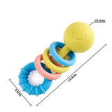 The Hape Rattling Rings Teether at Cerise its made from safe, rice-based materials. This smiling baby teething toy includes three colourful rattling rings that encourage sensory exploration, along with a teether ring to help comfort sore gums during teething. Measuring 13.9cm long by 5.3cm wide this teether is easy for baby to hold.