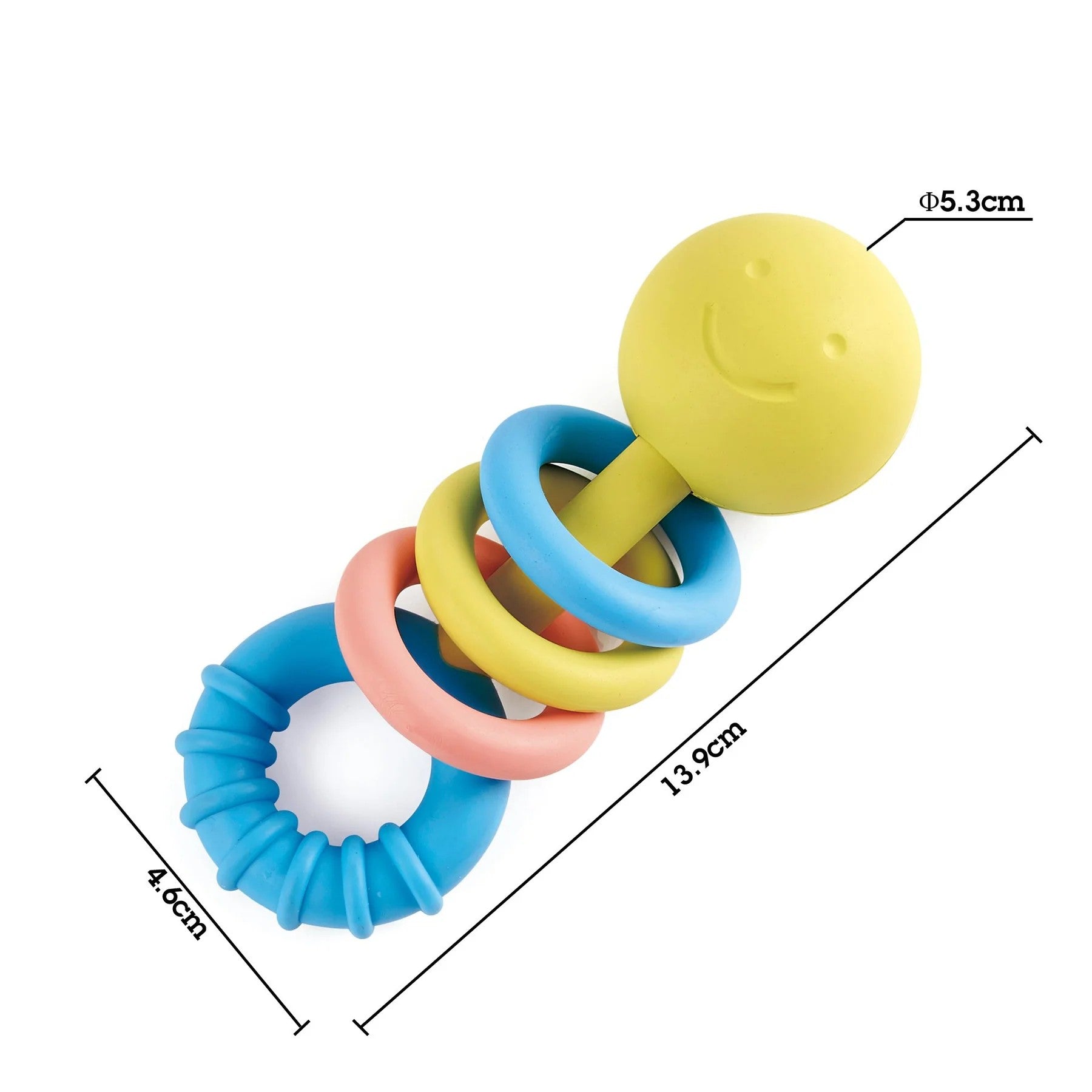 The Hape Rattling Rings Teether at Cerise its made from safe, rice-based materials. This smiling baby teething toy includes three colourful rattling rings that encourage sensory exploration, along with a teether ring to help comfort sore gums during teething. Measuring 13.9cm long by 5.3cm wide this teether is easy for baby to hold.