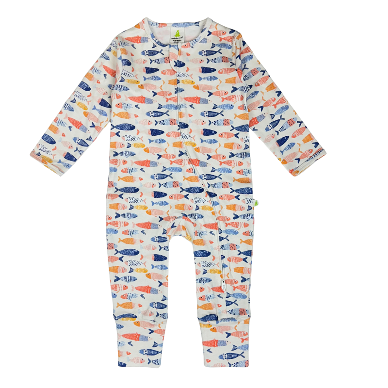 Imababy Long Sleeve Zipsuit in Freckled Fish Print at Cerise.  Features a two way zip for convenience.