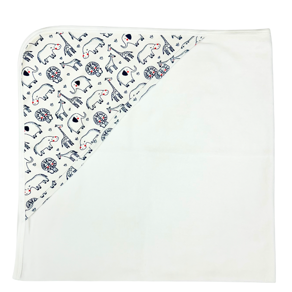 Imababy Hooded towel in Safari Parade  design at Cerise.  Made from 100% cotton toweling with Safari Parade design cotton hood