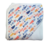 Imababy Hooded towel in Freckled Fish design at Cerise.  Made from 100% cotton toweling with freckled fish design cotton hood