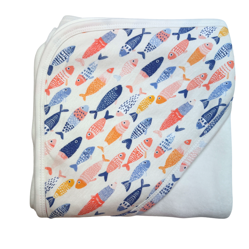 Imababy Hooded towel in Freckled Fish design at Cerise.  Made from 100% cotton toweling with freckled fish design cotton hood