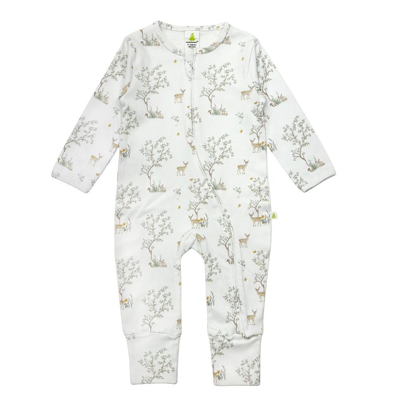 Imababy Long Sleeve Zipsuit in Woodland Deer Print at Cerise.  Features a two way zip for convenience.