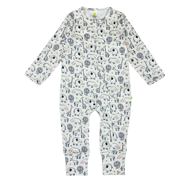 Imababy Long Sleeve Zipsuit in Safari Parade Print at Cerise.  Features a two way zip for convenience.