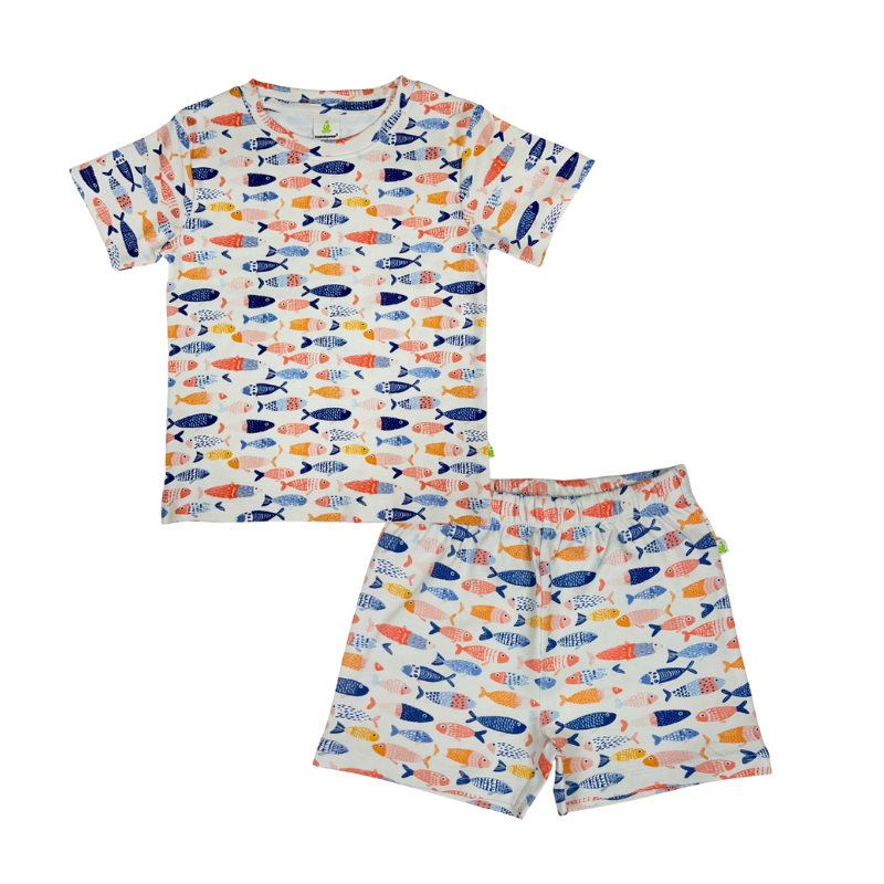Imababy Kids Short Sleeve Pyjamas in Freckled Fish design at Cerise