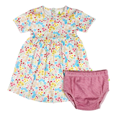 Imababy Pricilla Dress in Strawberry Meadows Print at Cerise.  Set includes matching bloomers in Rasperry Stripe, made from soft 100% cotton.