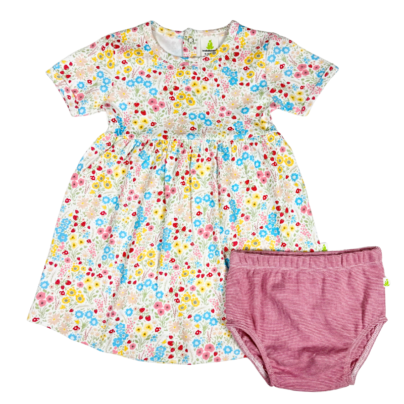Imababy Pricilla Dress in Strawberry Meadows Print at Cerise.  Set includes matching bloomers in Rasperry Stripe, made from soft 100% cotton.