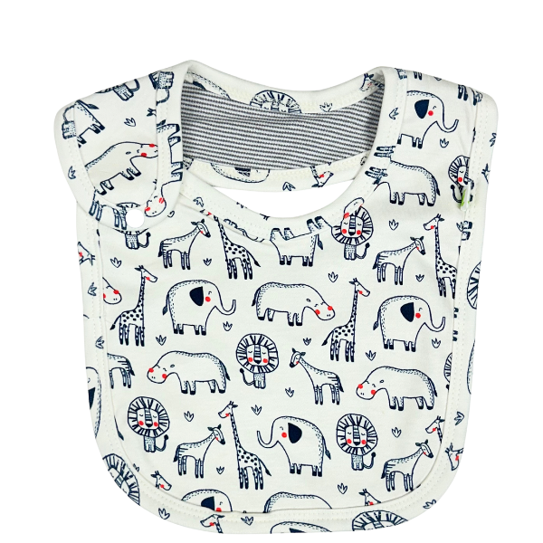 Imababy reversible Bib in Safari Parade design for baby made from a double layer of soft 100% cotton interlock with with Adjustable Snaps. 