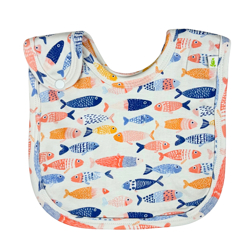 Imababy reversible Bib in Freckled Fish design for baby made from a double layer of soft 100% cotton interlock with with Adjustable Snaps. 