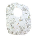 Imababy reversible Bib inWoodland Deer  design for baby made from a double layer of soft 100% cotton interlock with with Adjustable Snaps. Has a cute frilled edging.