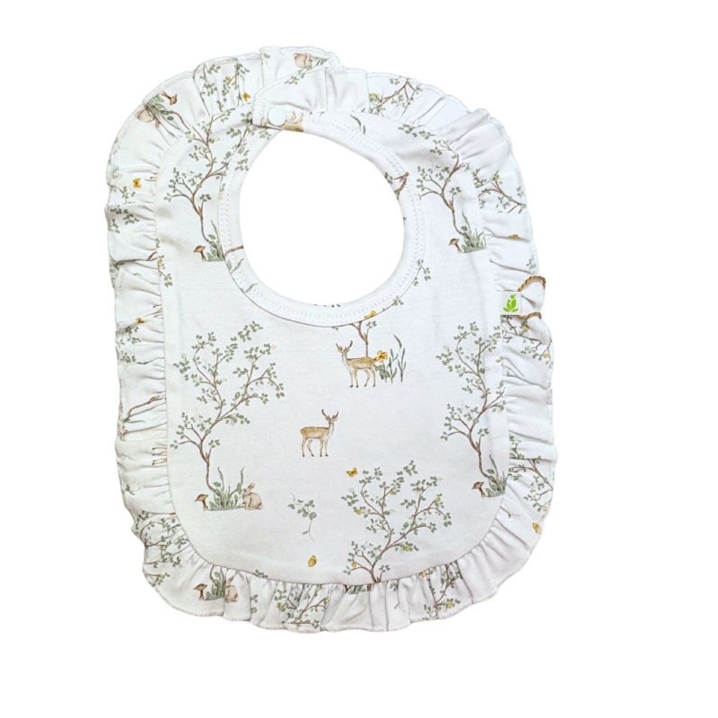 Imababy reversible Bib inWoodland Deer  design for baby made from a double layer of soft 100% cotton interlock with with Adjustable Snaps. Has a cute frilled edging.
