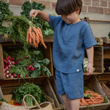 Nature Baby James Muslin Shorts and Caravan Shirt at Cerise.  Shown herre in Vintage Indigo Cotton Muslin.