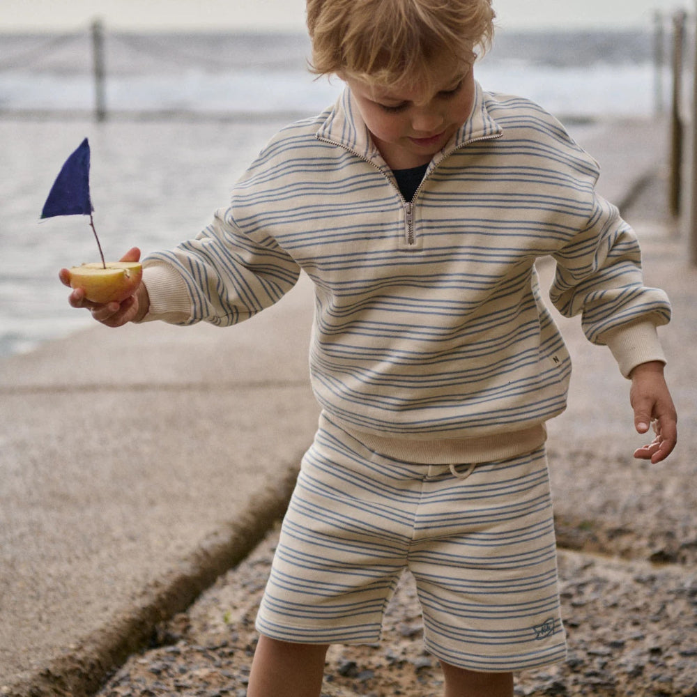 Nature Baby Boys Jimmy Shorts in brushed Sweatshirting with Camper Sweater in Trio Stripe at Cerise