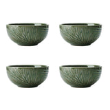 Set of 4 green stoneware dip bowls with deossed botanical pattern on the outside