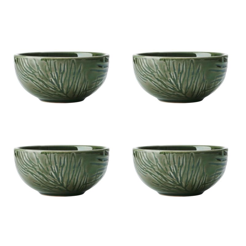 Set of 4 green stoneware dip bowls with deossed botanical pattern on the outside