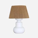 White wooden urn shaped lampbase stands 510mm high at Cerise.  Shown with Natural Loom Tapered Drum Shade which is sold seperately.