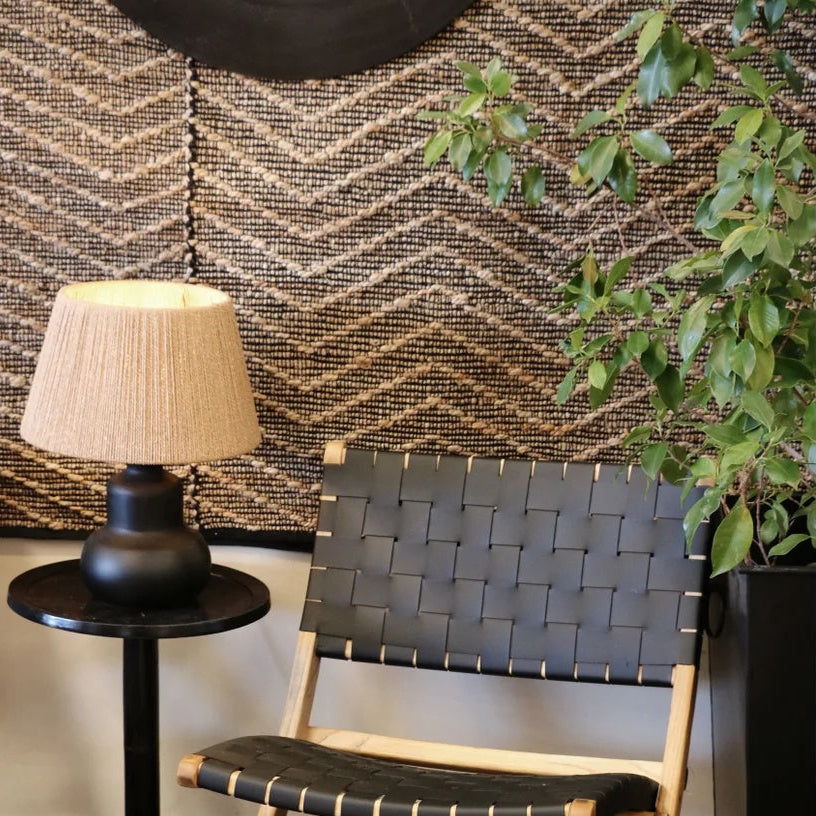 Black Java Wooden Urn Lampbase shown with natural loom 36cm lampshade at Cerise