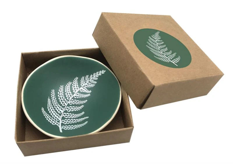 Jo Luping Design Porcelain Bowl in Green colour with white painted silver fern