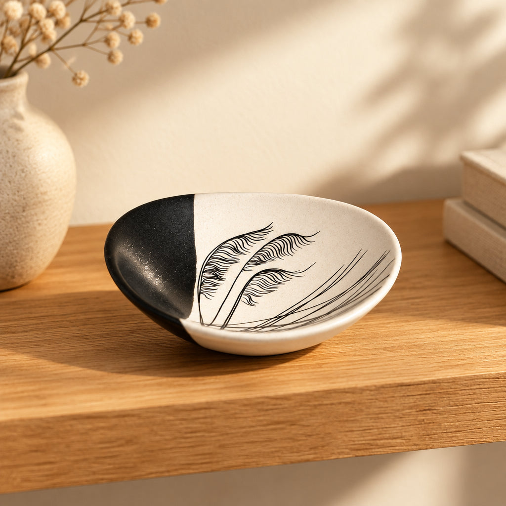 Jo Luping Coastal Toitoi pocelain bowl at Cerise. Black and White glaze with toetoe decal , comes gift boxed, measures 10cm in diameter.