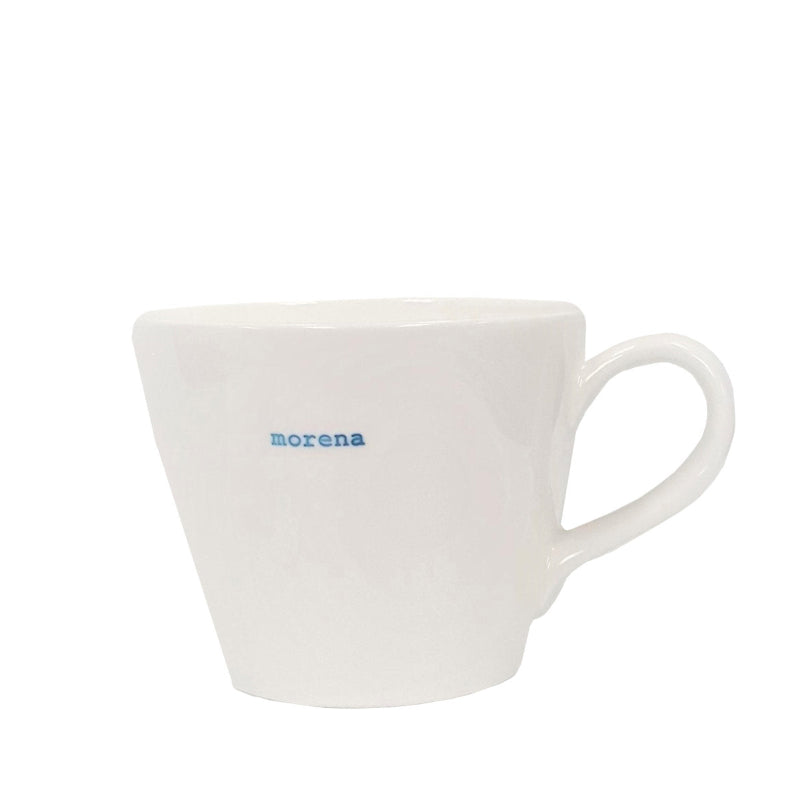 White mug with 'morena' branding on a white background