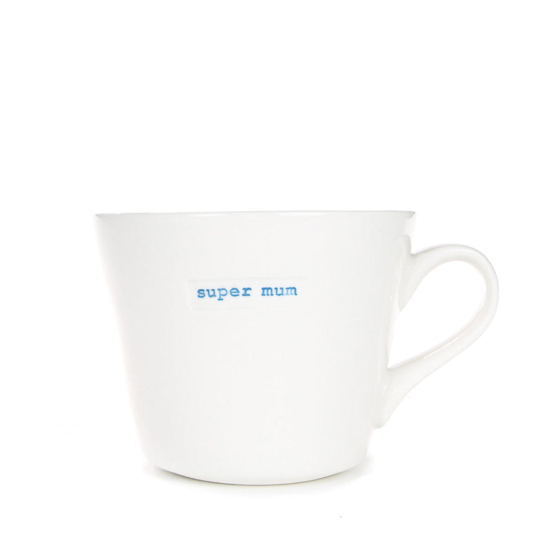 White mug with 'super mum' text on a white background